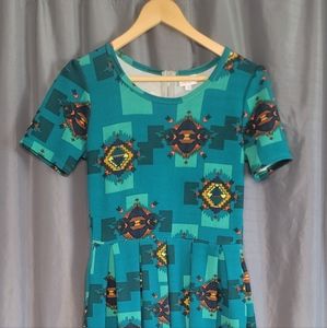 SMALL LuLaRoe Amelia Dress with pockets Teal Turquoise orange yellow
